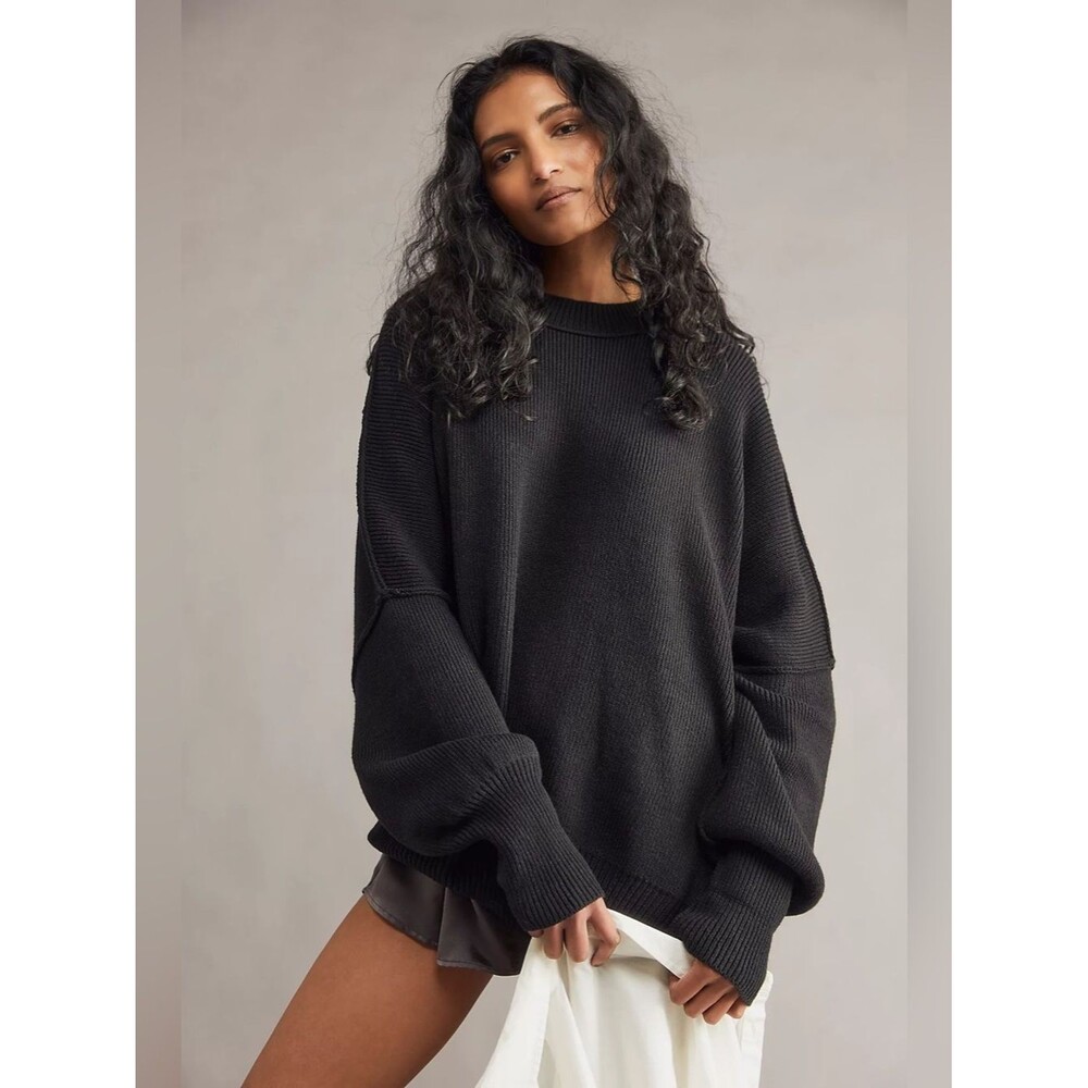 Free People Easy Street Tunic Sweater Oversized Black Slouchy Sweater Cool Chic